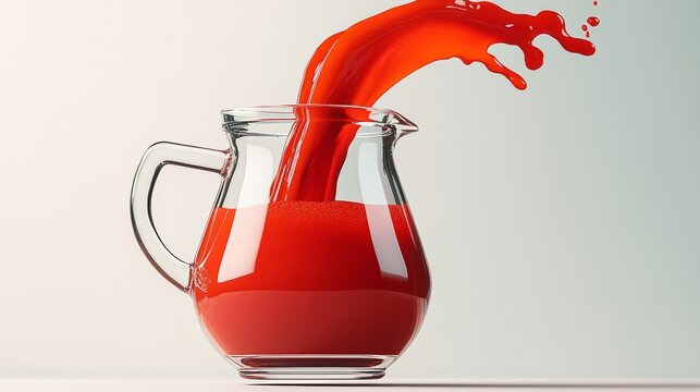 Glass pitcher of red liquid is poured out, creating a splash. Concept of movement and energy, as the liquid spills out of the pitcher and splashes onto the table