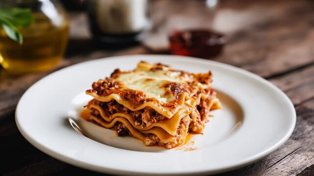 Slow camera rotation around rustic lasagna slice with browned cheese on white plate