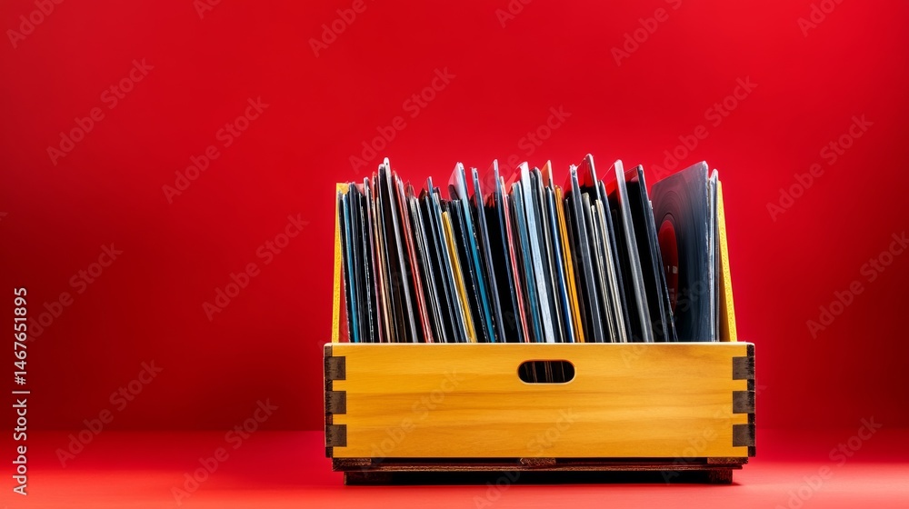 Poster wooden crate full of records sits on a red background. the crate is filled with a variety of records