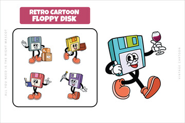 Set of Traditional Floppy Disk Cartoon Illustration with Varied Poses and Expressions