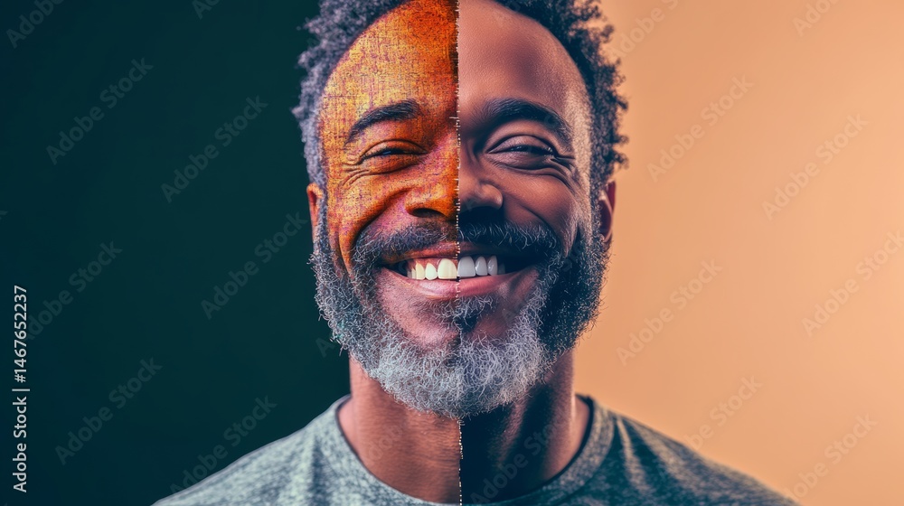 Poster man with a beard and a smile is shown in two different images. the first image shows a man with a be