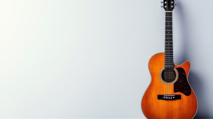Guitar is leaning against a wall. The guitar is wooden and has a black pick guard. The wall is white and the guitar is the main focus of the image