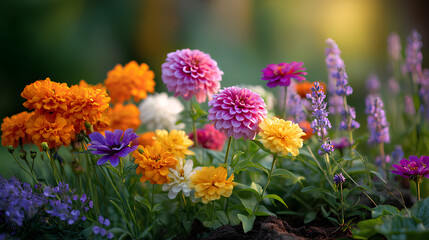 Fototapeta premium Horizontal banner of blooming garden flowers including marigolds lavender sunflowers poppies cornflowers and zinnias in warm golden hour light with cinematic framing 