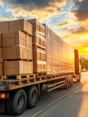 A large truck loaded with cardboard boxes drives down a sunlit road, showcasing logistics and transportation, This image is perfect for articles or presentations on shipping, delivery services