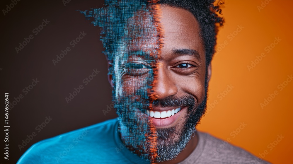 Poster man with a beard and a smile is shown in two different colors. the image is a creative representatio