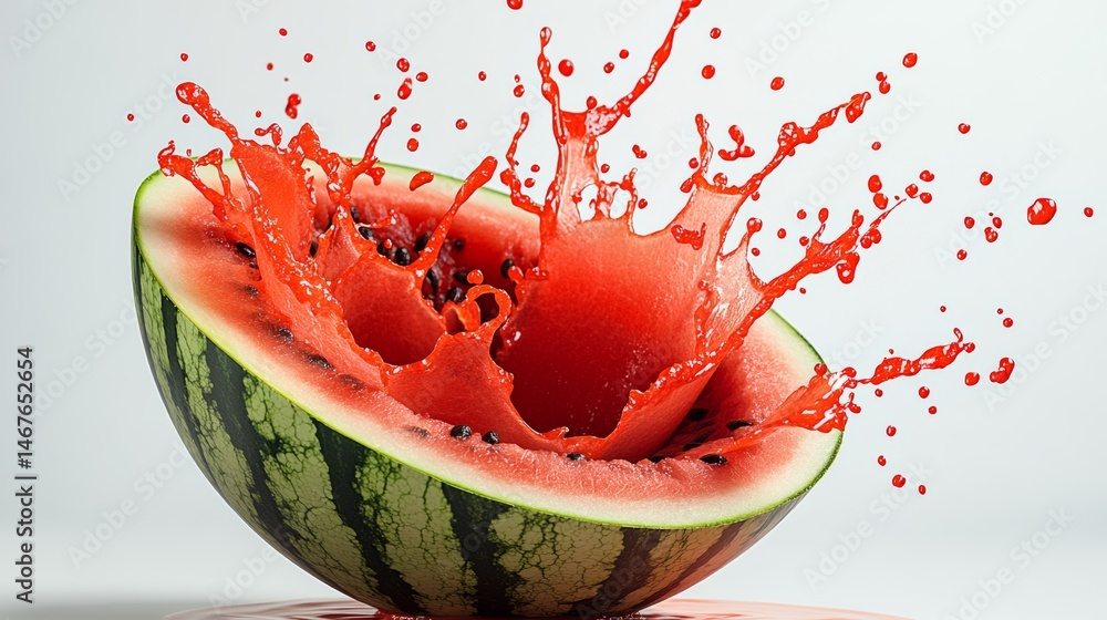 Poster watermelon is sliced open and has a splash of red juice on it. the juice is dripping out of the wate