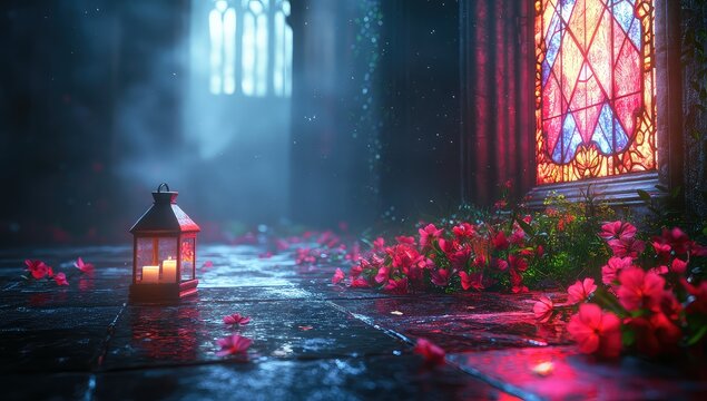 Fototapeta Gothic Church with Lantern, Flowers, and Night.