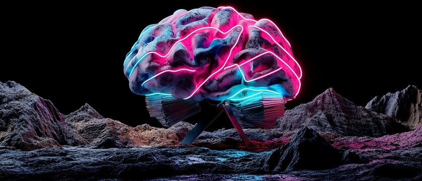 Neon brain illustration with mountain background and black backdrop