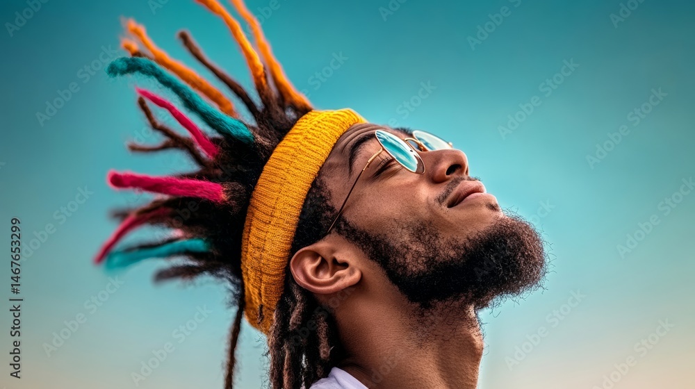 Aufkleber man with colorful dreadlocks and a yellow bandana is smiling and looking up at the sky