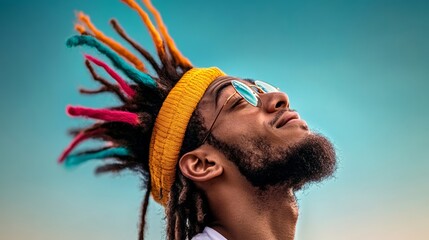 Man with colorful dreadlocks and a yellow bandana is smiling and looking up at the sky