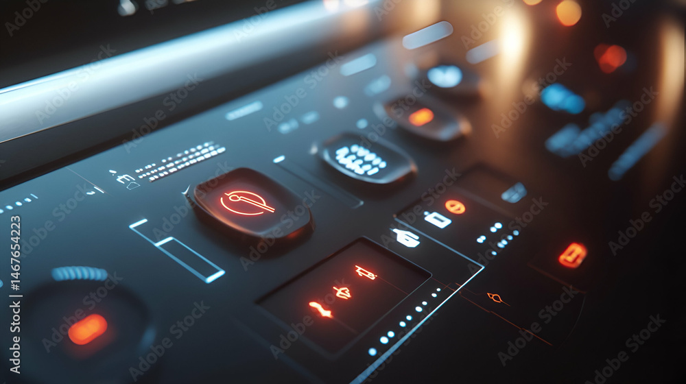 Poster futuristic control panel with glowing buttons and digital interface