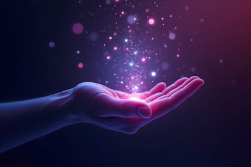 Glowing particles of light emanate from a hand conveying themes of magic and fantasy or hope