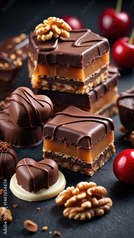 Poster chocolate bars with caramel and nuts topped with chocolate shavings, surrounded by whole almonds and