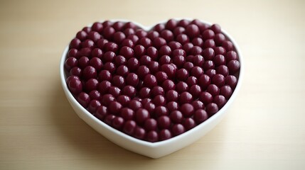 Heart-shaped bowl filled with dark red candies