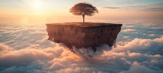 A surreal floating island suspended above the clouds, creating a dreamlike landscape