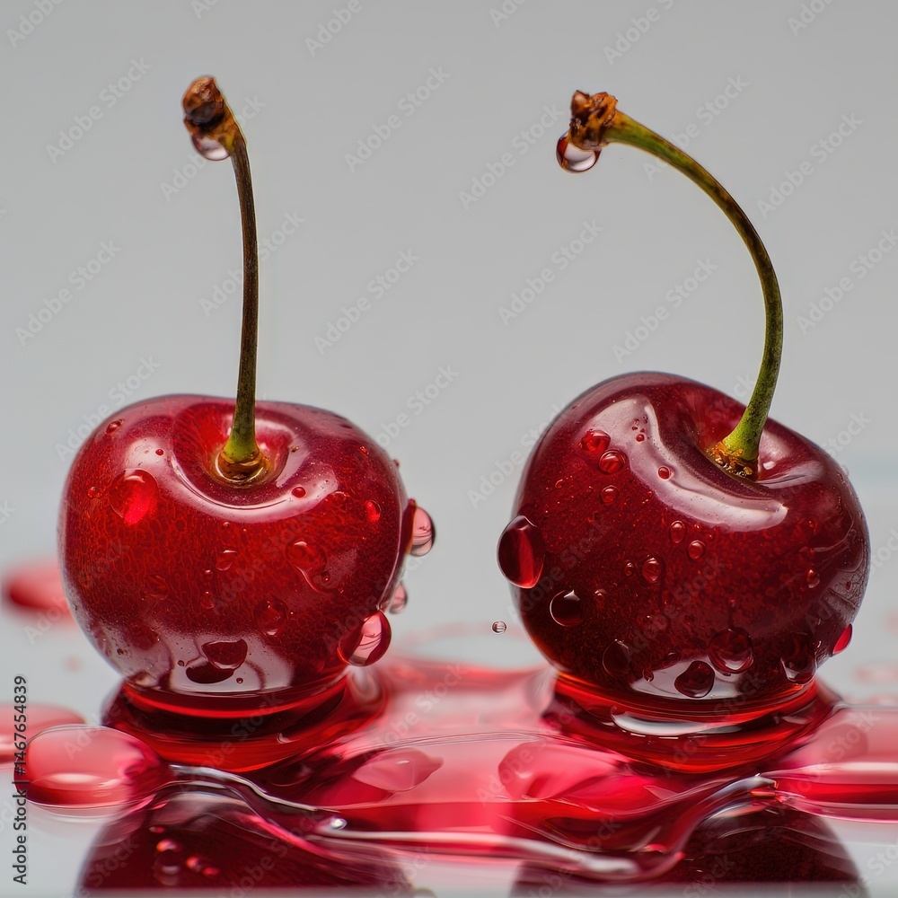 Poster two cherries with stems on a white surface, surrounded by red juice dripping from them.