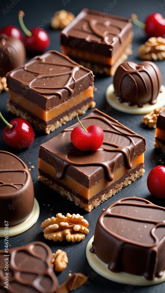 Poster Chocolate bars with cherries on top, arranged in a grid pattern on a dark surface.