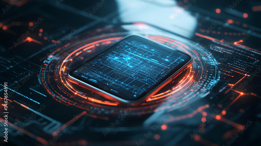 Poster futuristic digital chip on circuit board with glowing blue and red data streams