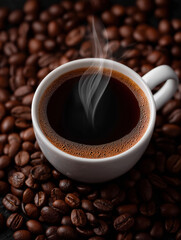 Fototapeta premium Steaming Cup of Coffee: A rich, dark cup of coffee, steaming gently, rests on a bed of roasted coffee beans, promising warmth and comfort.