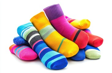 A pile of brightly colored striped socks in various shades of pink, purple, yellow, red, blue, and green.  Different colors and patterns are stacked on top of one another, creating a vibrant display