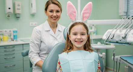 Obraz premium Smiling dentist and young patient wearing bunny ears. 