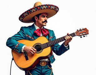 Mariachi Musician Playing Guitar in Traditional Outfit