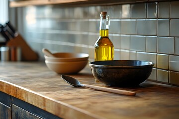 The iron spoon and olive oil on the wooden counter