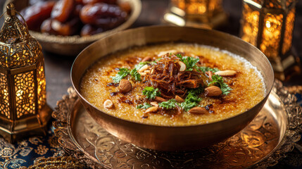 Haleem Presentation with Festive Garnishes and Eid Elements Like Lanterns and Dates