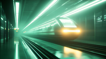 Fototapeta premium Futuristic High-Speed Train in Neon Lit Subway Tunnel