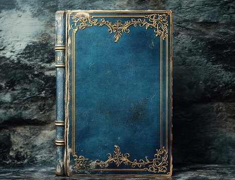 An antique blue book with gold decorative patterns on a dark stone-textured background.