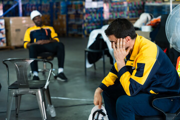 Warehouse scene showing logistics workers resting during break after long work shift, one worker...