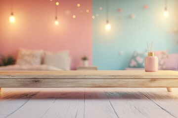 Wooden display platform in a soft pink and teal bedroom.  A small pink diffuser sits on the platform
