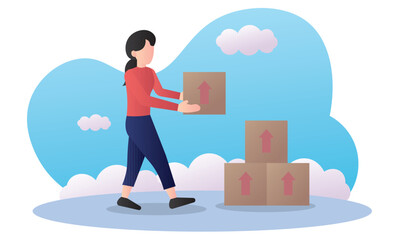 Woman lifting cardboard box. Vector