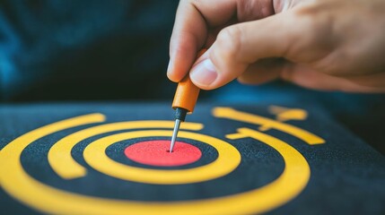 Hand placing a dart on a colorful target board indoors