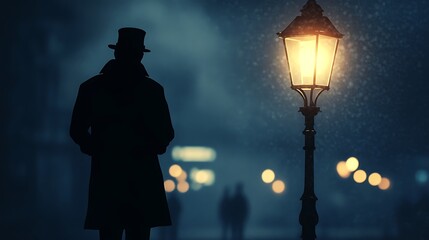 Obraz premium Silhouette figure under lit street light in atmospheric scene