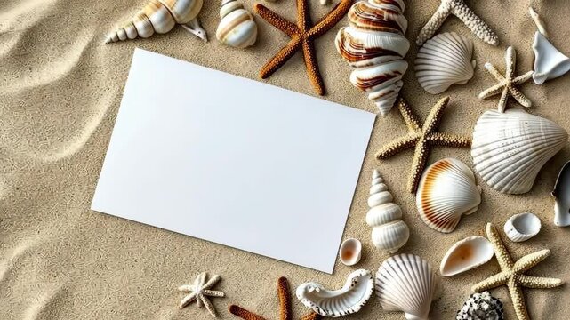 Decorative beach scene with seashells and blank card surrounded by sand captures summer essence and relaxation