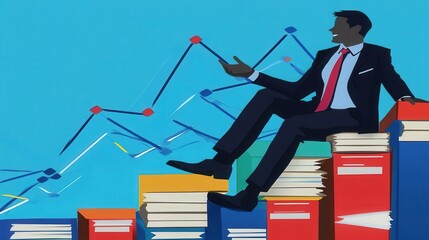 Business growth illustration with education and financial success analytics showing expert sitting on books showing positive chart