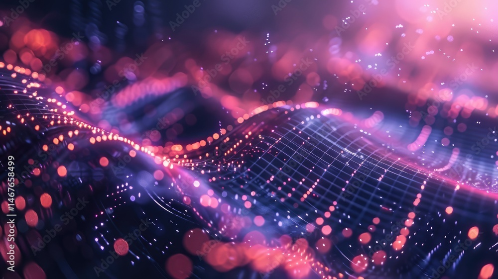 Poster abstract picture micro light sparkling particle represent data flow vivid flowing wave with high tec