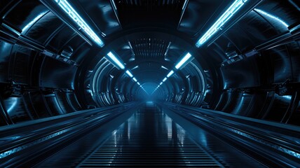 Fototapeta premium Glowing blue planet with orbiting rings on a dark starry background. Abstract artwork of 3D rendering of geometric shape with blue glowing light portal or door. Space and astronomy concept. AIG53.