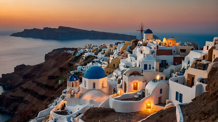 Greece, Oia at sunset in Santorini 