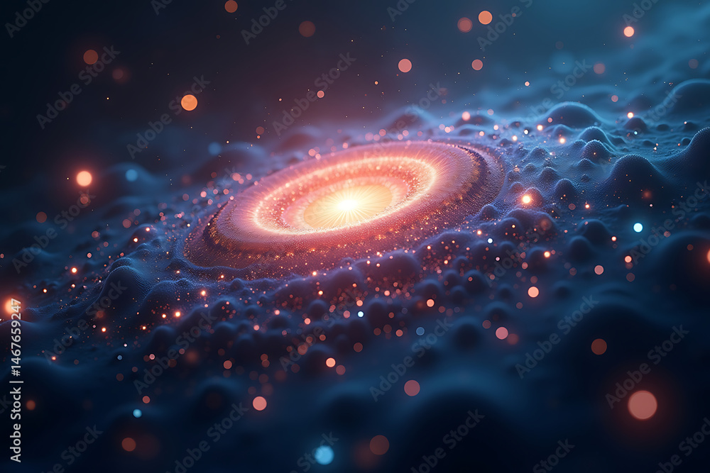 Poster vibrant cosmic galaxy illuminated with sparkling particles floating in a deep space background