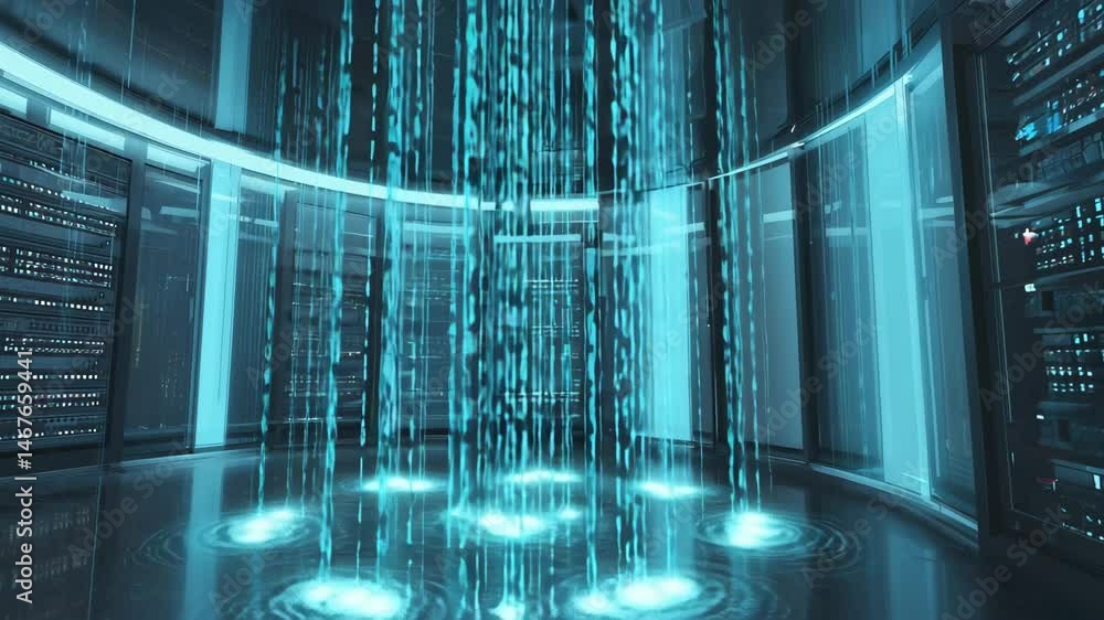 Poster futuristic data center with illuminated holographic displays and advanced technology in a high-tech 