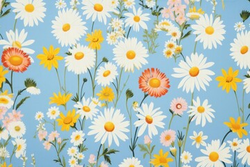 Obraz premium Floral pattern of white, yellow, orange, and pink flowers with green stems on a light blue background.