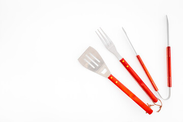 Steel barbecue and grill tools, top view. Equipment for picnic
