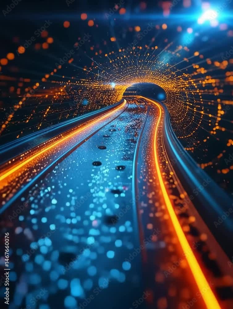 Poster illuminated path through a digital tunnel showcasing vibrant colors and dynamic motion in an abstrac