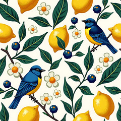 Tropical Zest: A vibrant pattern of sunny lemons, charming bluebirds, fresh foliage, and delicate blossoms, creating a cheerful and captivating design.