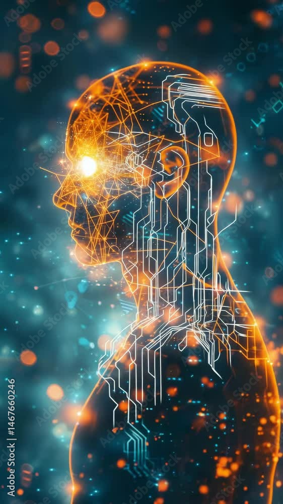 Poster illuminated human silhouette with digital patterns in abstract background