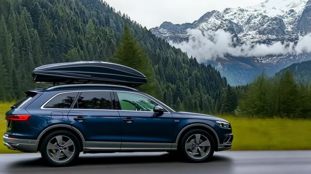 Adventure road trip in a luxury SUV through stunning mountainous landscapes with a roof box for extra gear