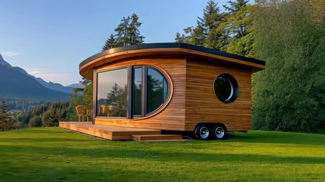 Modern tiny house design in picturesque mountain landscape with sustainable features and stunning views