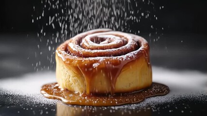 A golden brown cinnamon roll topped with glossy caramel sauce, surrounded by powdered sugar on a dark surface, with sugar dust falling from above in a dramatic, moody lighting setup - Powered by Adobe